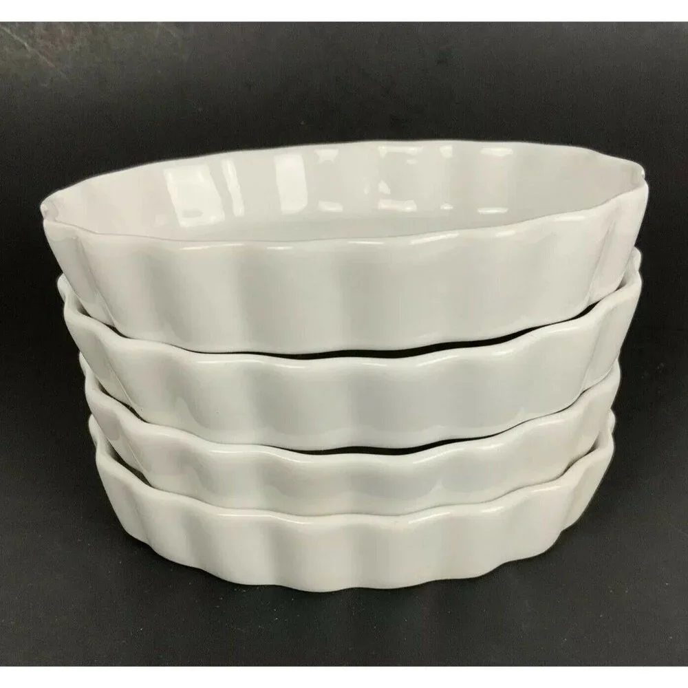 Sur La Table White Ceramic Oval Quiche Casserole Dishes Set Of 4 Scalloped Edge